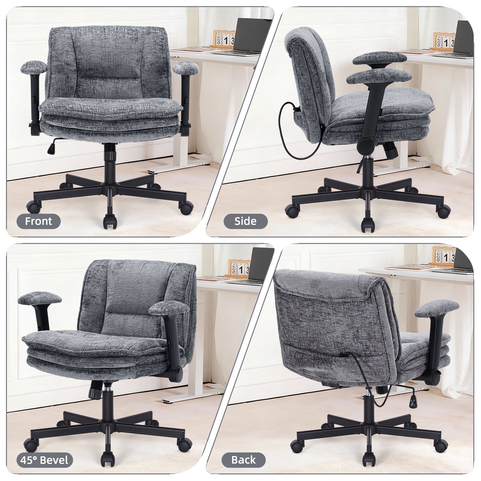 Criss Cross Chair With Wheels And Flip Arms, Upholstered Cross Legged Office Chair With 3 Layer Cushions&Dynamic Airbag Lumbar Support, Wide Seat Comfy Desk Chair For Home Office, Living Room, Grey_maomaolike.com